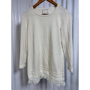 Sail to Sable Sweater Women’s Large. Ivory Knit Cotton Blend With Rag Fringe